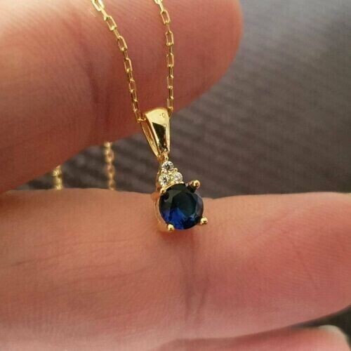 1.50Ct Round Cut Blue Sapphire Simulated Pendant Women's 14k Yellow Gold Plated - Picture 1 of 2