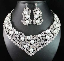 PEARL ON VINE CLEAR AUSTRIAN RHINESTONE BIB NECKLACE EARRINGS SET BRIDAL N1772