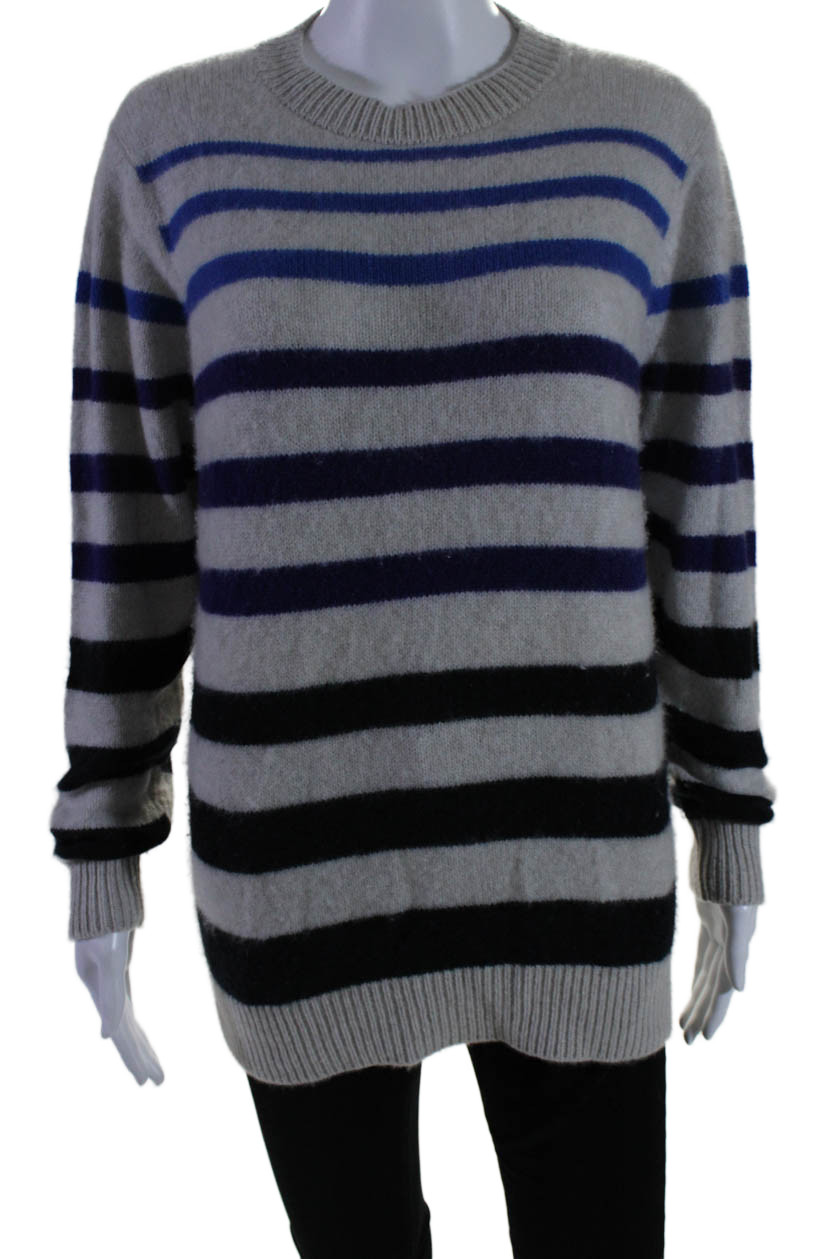 The Elder Statesman Womens Cashmere Striped Long Sleeve Sweater Gray Size XS