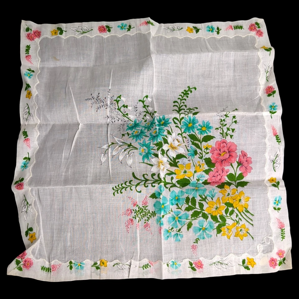 "Pañuelo de colección blanco con flores verdes doradas rosa blancas 14"" boda" Foto 2 de 3