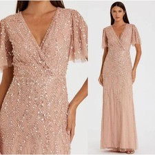 Mac Duggal Embellished Flutter Sleeve Wedding Guest Maxi Gown Nude Size 12 NWT