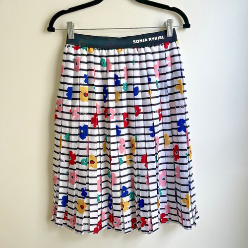 Sonia Rykiel, Vintage Sonia Rykiel Pleat Skirt Floral Graphic Logo Black White Stripe 28” 14