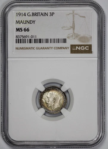 1914 Great Britain Maundy 3p Threepence NGC MS 66 Toned
