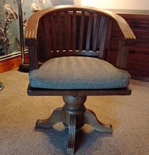 Dark Wood Swivel Chair with Arms, Grey Upholstered Seat Cushion, Indoor