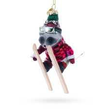 Skiing Raccoon Blown Glass Ornament