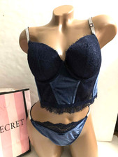 VICTORIA'S SECRET DREAM ANGELS LACE VELVET SHINE STRAP CORSET BRA BLUE NWT