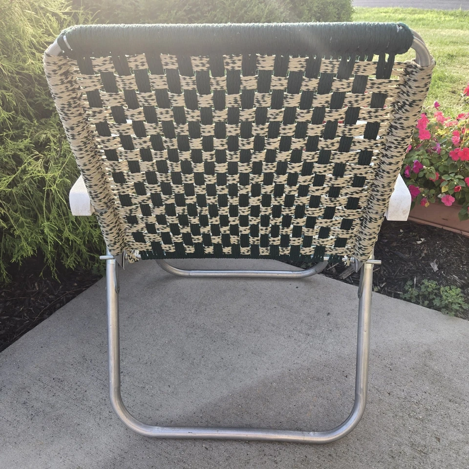 Silla Plegable Macramé Patio Césped Verde y Blanco Tablero de Cuadros Marco de Aluminio Foto 4 de 4