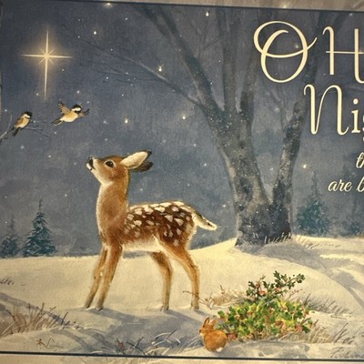 Vtg Christmas Card Unused Deer Fawn Chickadees Silent Night Song Lyrics W/env