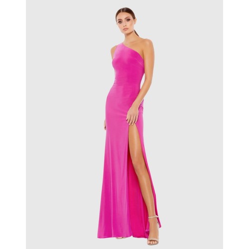 Robe longue neuve avec étiquette Mac Duggal taille 4 rose bonbon jersey une épaule dos drapé - Photo 2 sur 9