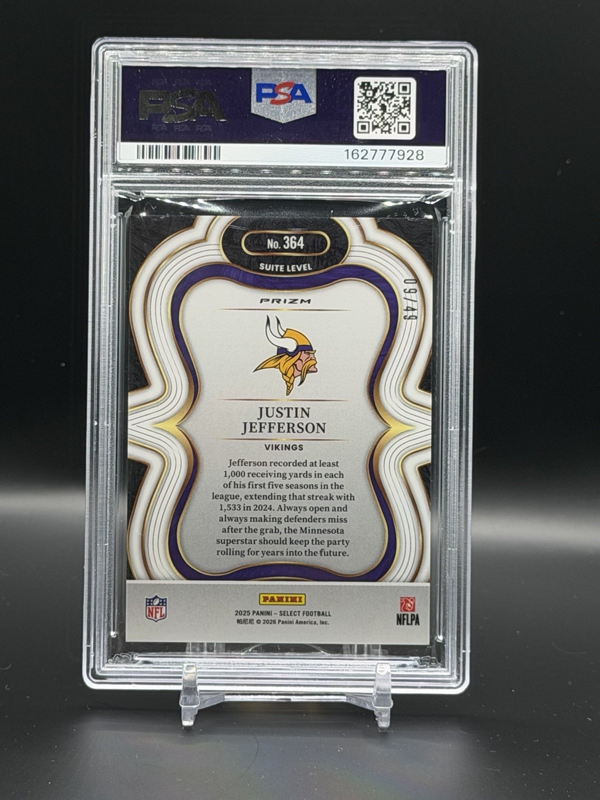 Justin Jefferson 2025 Panini Select #364 Red Disco Prizm Suite Level /49 PSA 10 view 2