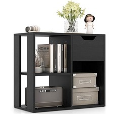 3-Cube Bookcase Organizer with 2-tier Wooden Storage Shelf Pull-out Drawer