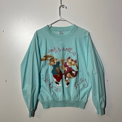Vintage Easter USA Rock n Roll Is Here To Stay Bunny Sweatshirt Blue Large