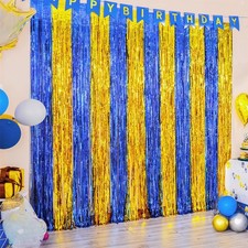 2 Pack Navy Blue Gold Foil Fringe Curtains 3.3x6.6 ft Tinsel Backdrop Party