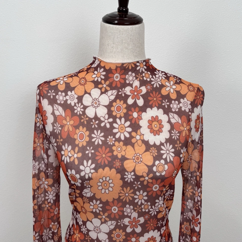 Top de malla floral sin marca para mujer M naranja transparente recortado manga campana indie boho Foto 2 de 4