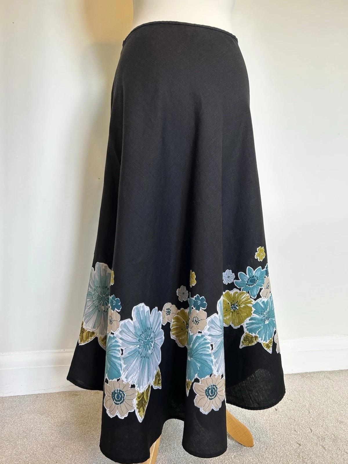 Hobbs Women’s 100% Linen Black Floral Border Midi Skirt A- Line Summer UK 14/ L