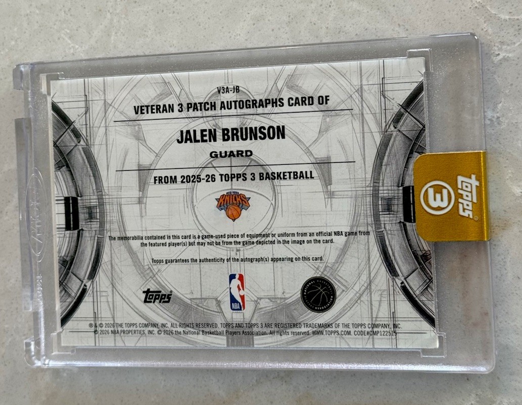 2025-26 Topps 3 - Veteran 3 Patch Autograph Bronze Jalen Brunson /25 Patch Auto view 2