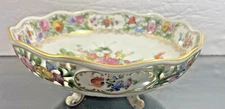 Carl Thieme Dresden Reticulated 8  1/2" Hand Painted Footed Bowl Basket Germany