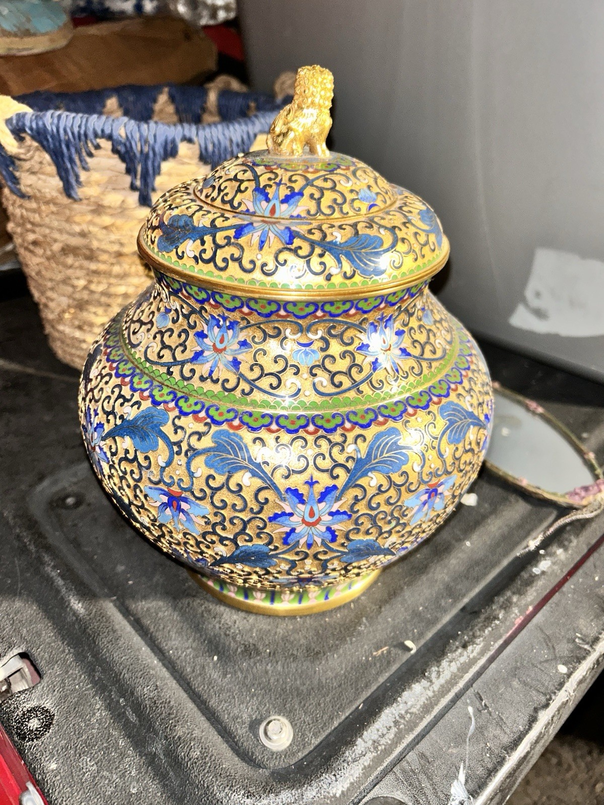 Antique  handmade Chinese foo dog enamel champleve cloisonné ginger jar & Stand