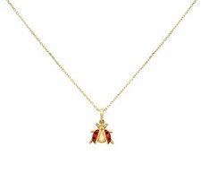 14K SOLID YELLOW GOLD LADY BUG NECKLACE, GOOD LUCK CHAIN, RED LADY BUG NECKLACE