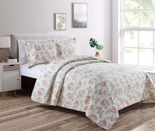 Dakota 3-Piece Printed Pink Rose Cotton Quilt Set - Pink Floral Flower Revers...