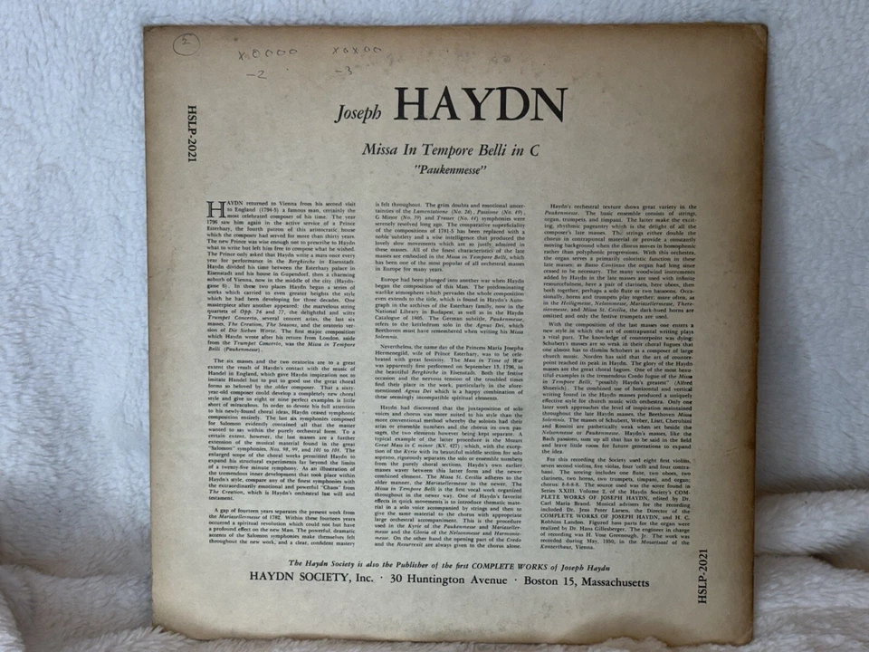 1950 Joseph Hadyn Mass In Time Of War Haydn Society Vinyl Record HSLP-2021 - Image 2 of 4