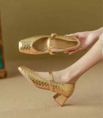 Pumps Schuhe 5 CM Gold Poliert Elegant Komfortabel Wedge Leder Kunststoff 24763