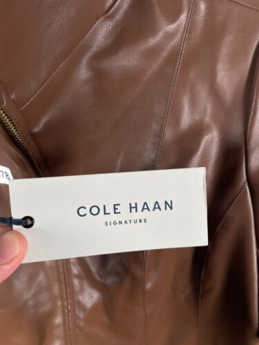 BNWT Cole Haan Womens Full Zip Faux Leather Biker Jacket Brown Sz XS - Picture 6 of 14