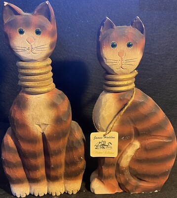 James Haddon Signed Hand Carved Wood Cat Statue Orange Stripe