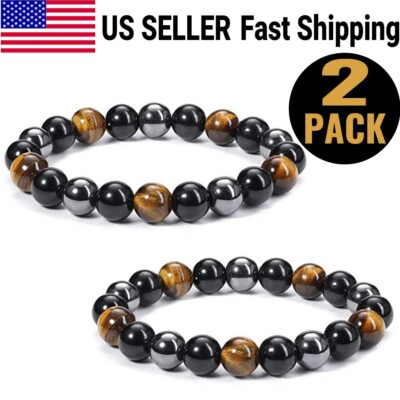#ad #ad 2 PCS Tiger Eye Natural Stone Obsidian 8mm Beaded Bracelet Men Women Jewelry $8.99