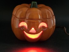 Vtg 4" Smiling Face Lighted Pumpkin Jack O' Lantern Orange Glazed Rare Working