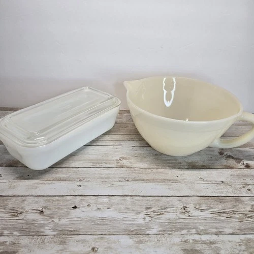 Anchor Hocking Fire King White Mixing Batter Bowl W/ Handle & Loaf Baking Dish
