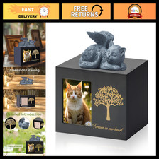 Wooden Cat Urn for Ashes, Tree Pattern Keepsake Box with Photo Frame Resin Sta