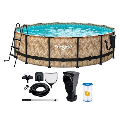 Funsicle 14' x 42'' Oasis Round Outdoor Above Ground Swim Pool, Oak Herringbone