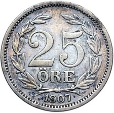 Schweden - Oskar II. - M&uuml;nze - 25 Ore Oere 1907 - Silber