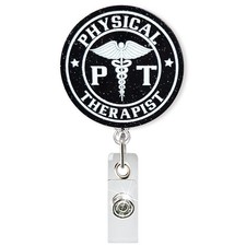 Glitter Black PT Retractable Badge Reel, Cute Physical Therapist Badge ID Nam...
