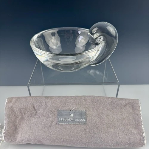 1950’s  STEUBEN Glass Snail-Scroll Olive Candy Trinket Dish ~John DREVES Design