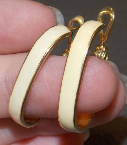 Vintage Monet Cream Enamel Goldtone Hoop Earrings Costume Jewelry