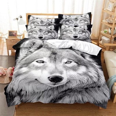 3D Wolf Printed Duvet Cover Set Bedding Quilt with Pillowcase Queen Size Blue Y5