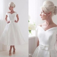 Summer Beach Tea Length Wedding Dresses 2026 V-neck A-Line Stain Bride Gowns