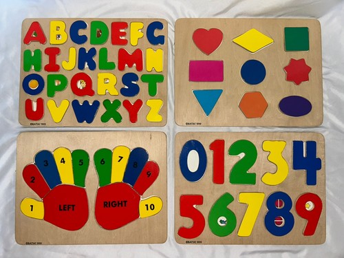 Battat 1990 Wooden Learning Puzzles Set Of 4 Alphabet Numbers Shapes Counting