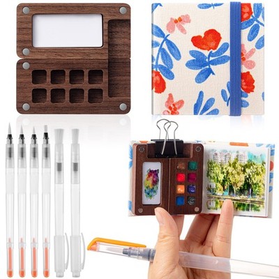 Qilery Mini Portable Watercolor Palette Set Wooden Grid Paint Box Light Brown 