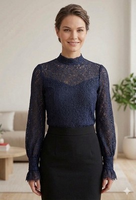 SANDRO Paris Navy Lace Sheer Blouse Size Small