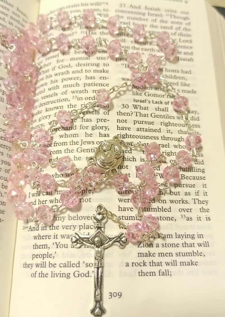 Pink rosary necklace sale