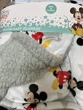 DISNEY MICKEY MOUSE BLANKET WHITE RED YELLOW BABY STARS REVERSIBLE GRAY SHERPA