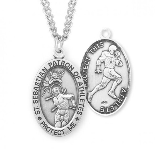 Saint Sebastian Oval Sterling Silver Football Male Athlete Medal 1.1in x 0.7in - 第 1/3 張圖片