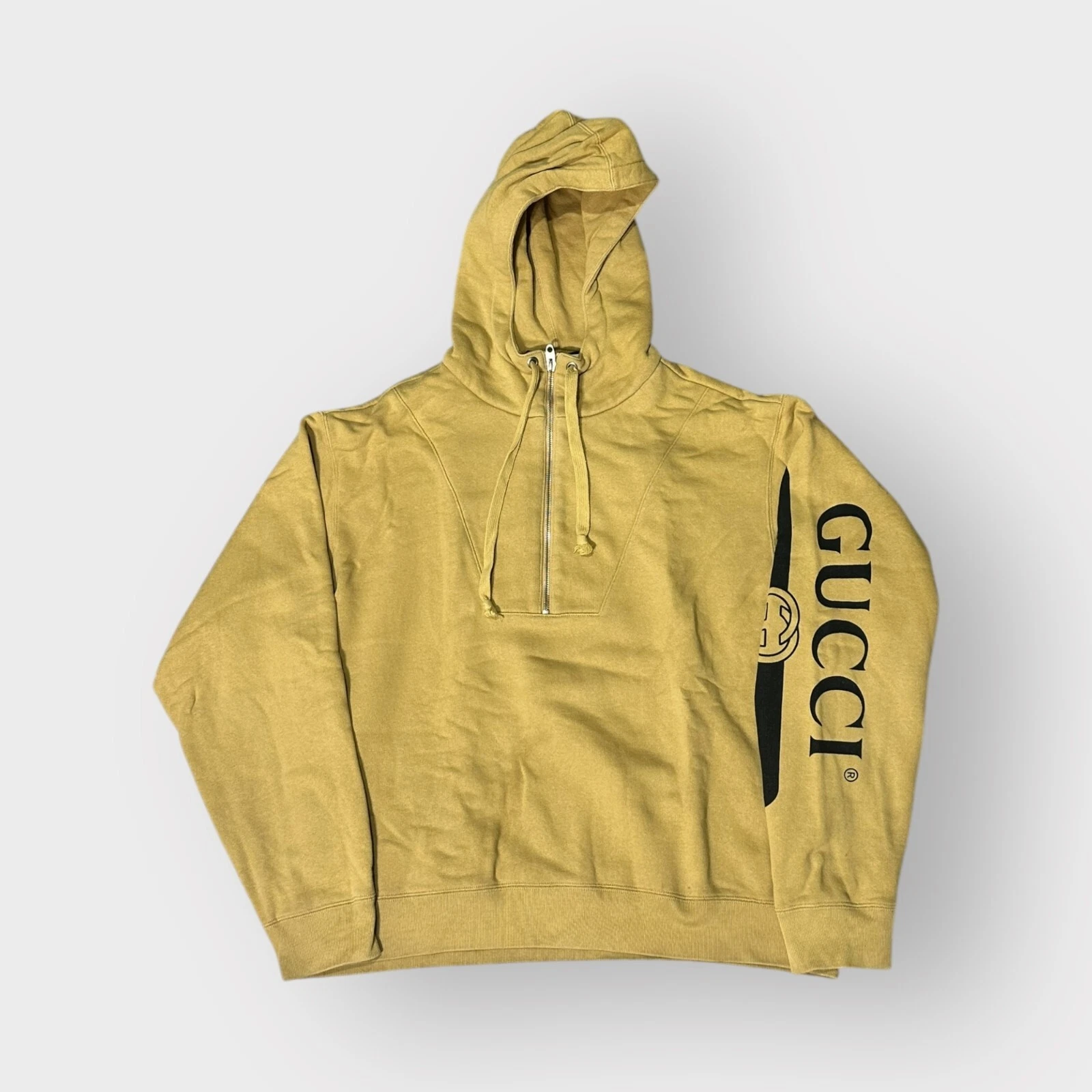 Authentique sweat à capuche Gucci demi fermeture éclair logo popover manches camel taille S