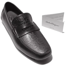 Ferragamo Penny Gancini Loafers Black Calf Leather Men's Drivers Dress Slip-on