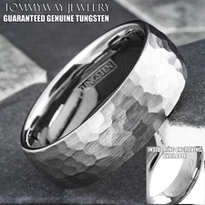 Engraved 8mm Silver Tungsten Hammered Brushed Finish Men's Wedding Band Ring