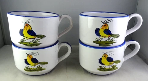 Four Deruta Italian Art Pottery Bird Large Handled Mugs
