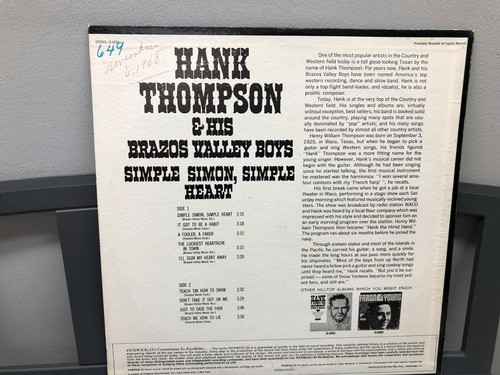 Hank Thompson & His Brazos Valley Boys-Simple Simon, Simple Heart 12" LP NM - Picture 2 of 5